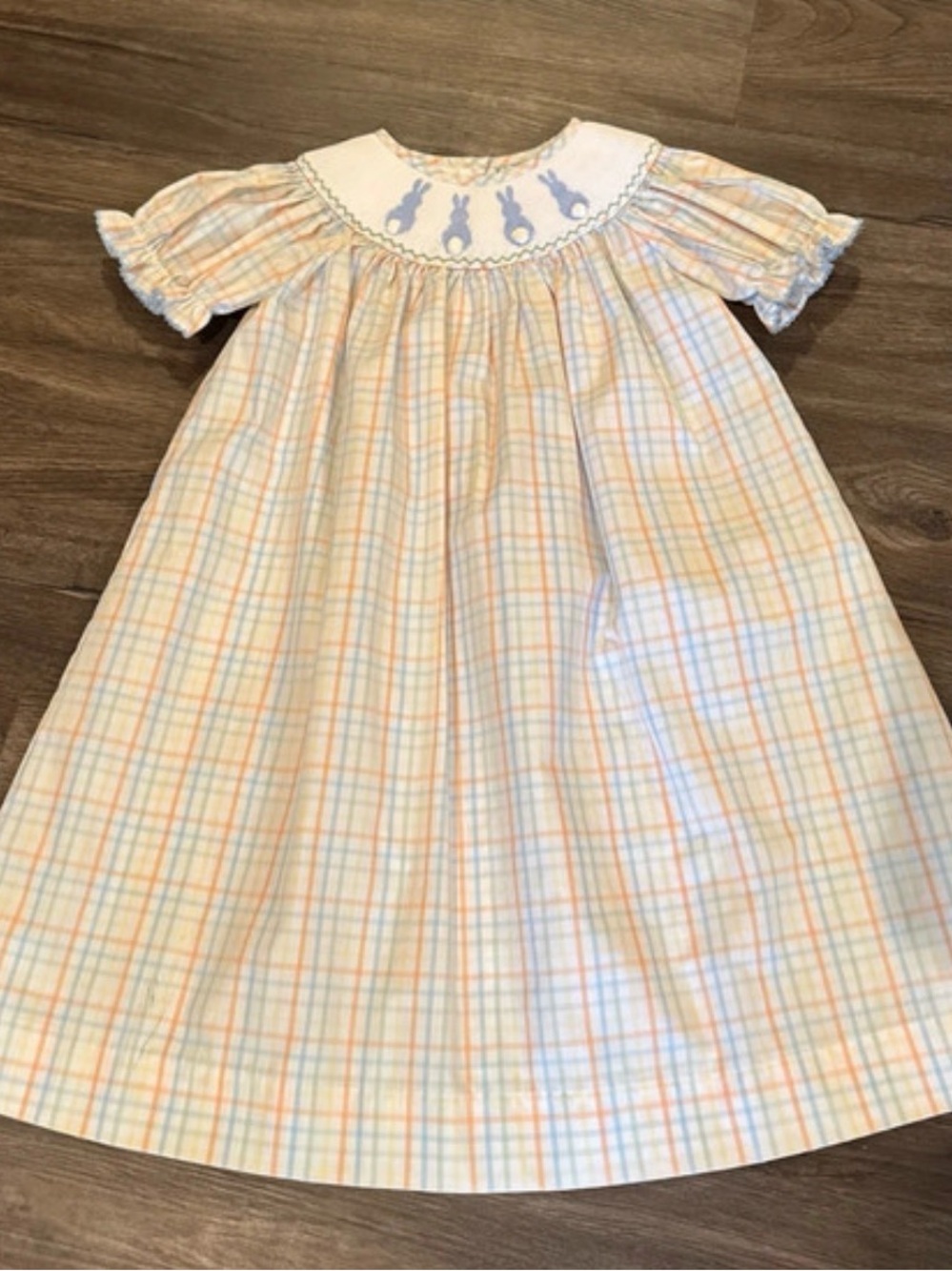 Pastel Plaid Smocked Dress with Blue Bunny Embroidery